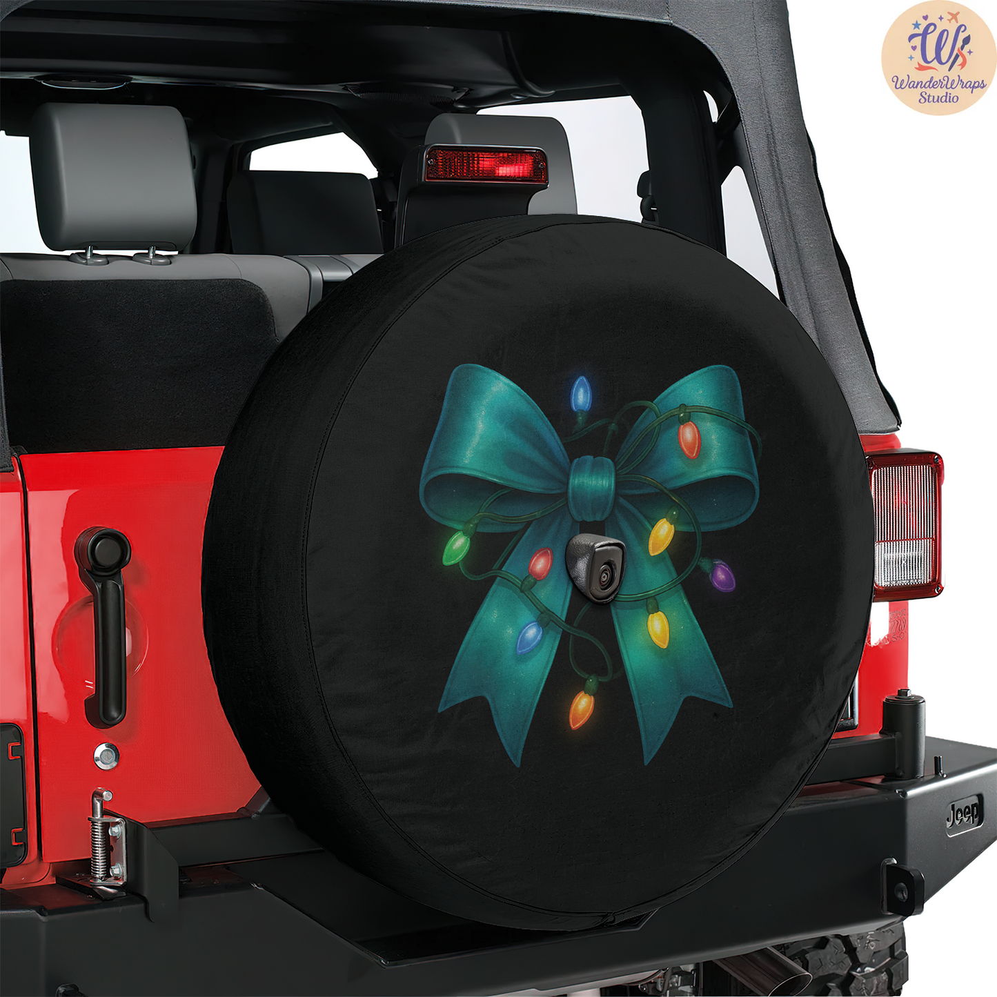 Teal Christmas Lights Bow Spare Tire Cover – Waterproof UV Resistant Protector with Camera Hole