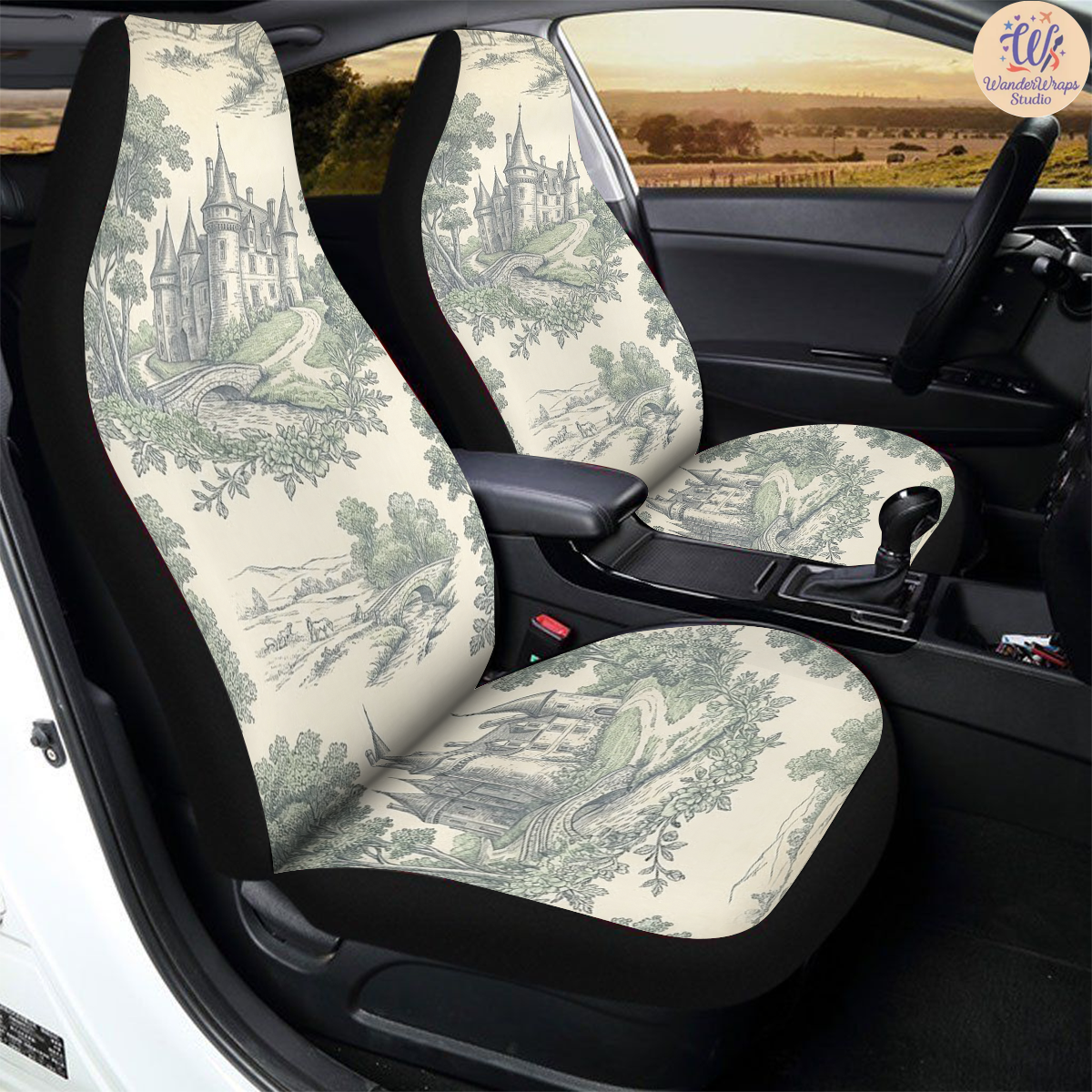 Green French Castle Car Seat Covers – High Quality Graphic and Polar Fleece Protector Set