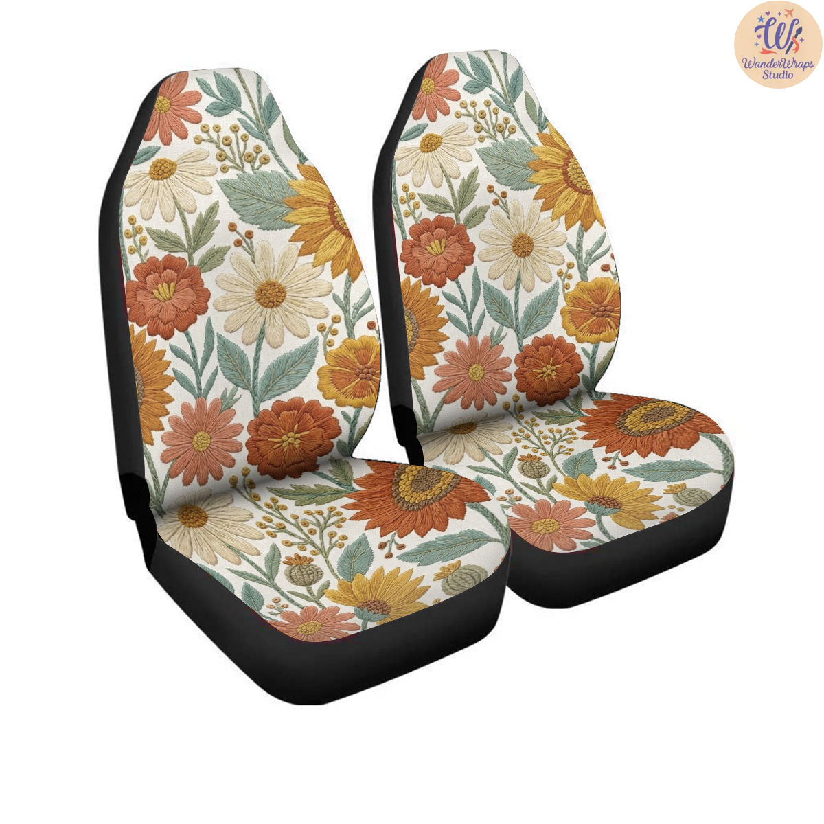 Sunflower Folk Meadow Faux Embroidery Car Seat Covers – High Quality Graphic and Polar Fleece Protector Set