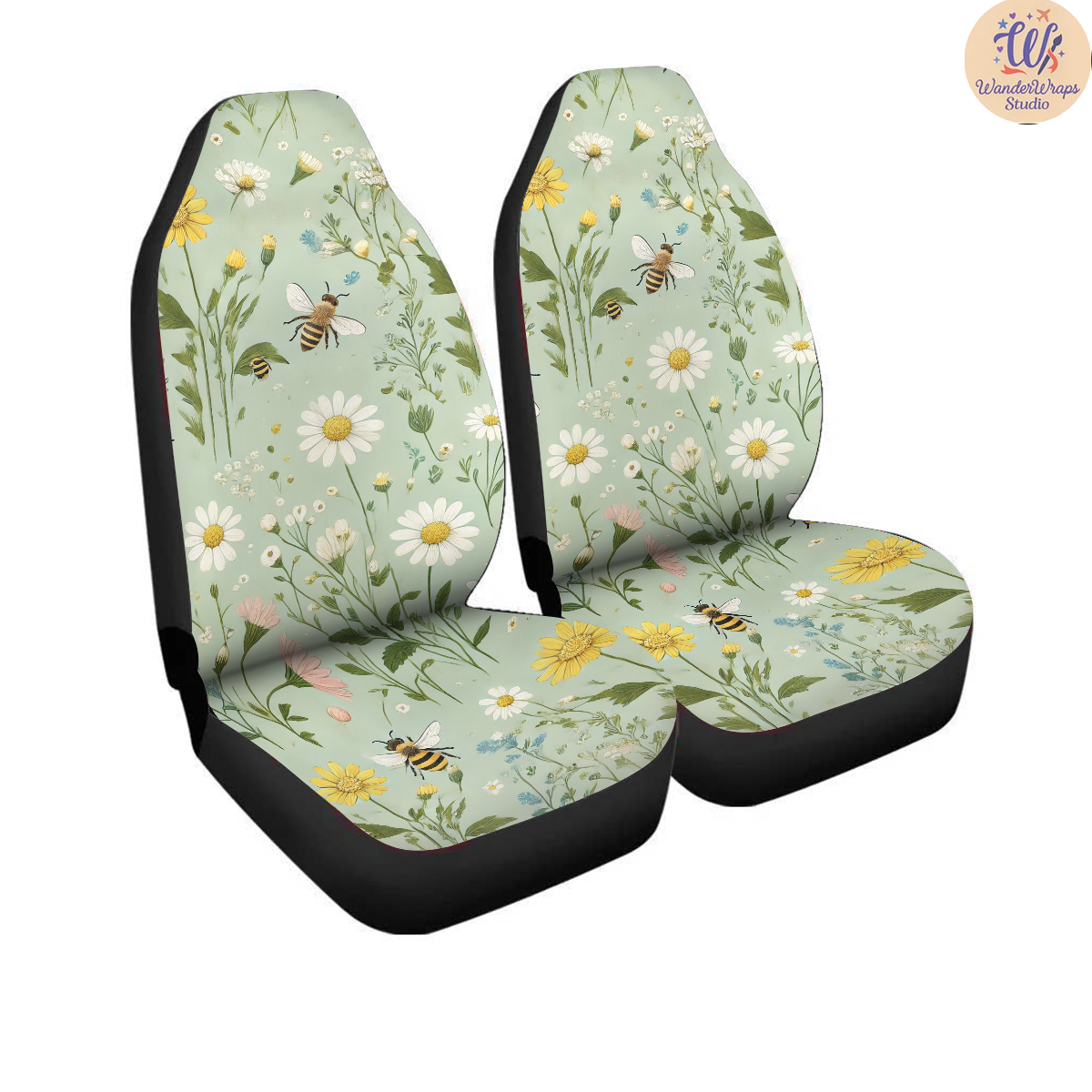 Cute Wildflower Meadow with Bees Car Seat Covers – High Quality Graphic and Polar Fleece Protector Set