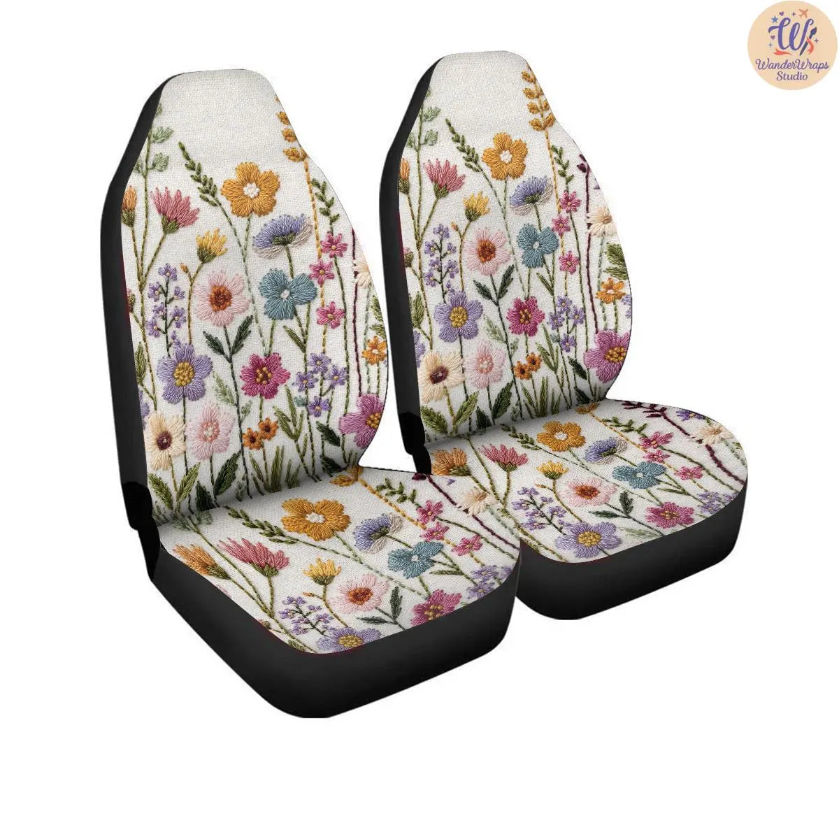 Pastel Meadow Faux Embroidery Car Seat Covers – High Quality Graphic and Polar Fleece Protector Set