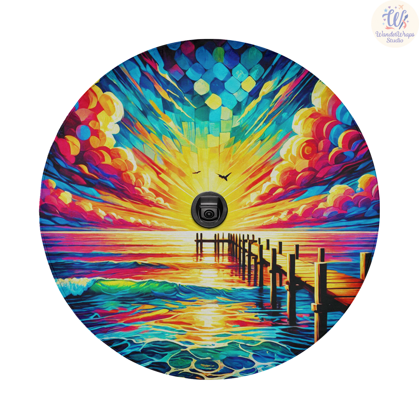 Sunset Pier Scene Spare Tire Cover – Waterproof UV Resistant Protector with Camera Hole