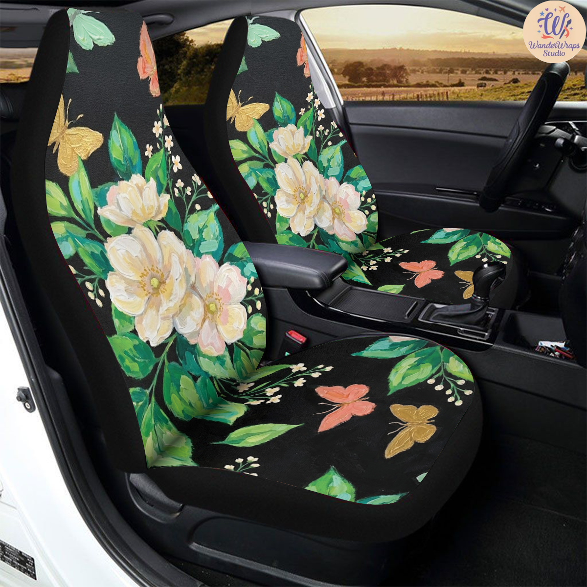 Midnight Botanical Elegance Painting Car Seat Covers – High Quality Graphic and Polar Fleece Protector Set