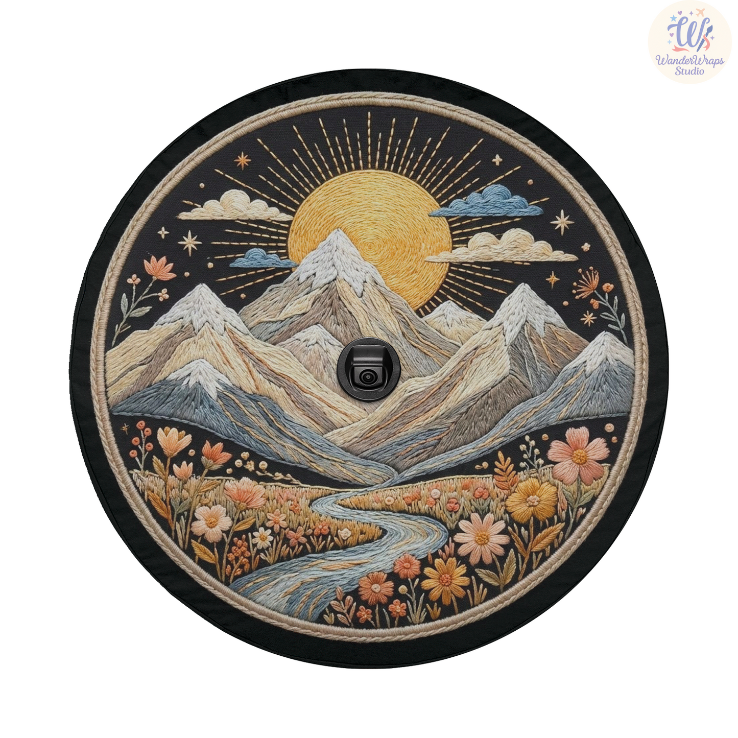 Embroidered Mountain Landscape Spare Tire Cover – Waterproof UV Resistant Protector with Camera Hole
