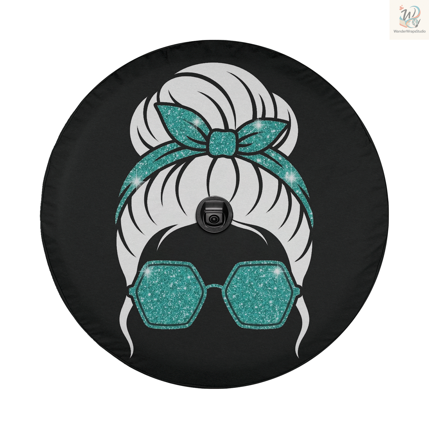 Glitter Teal Messy Bun Spare Tire Cover – Waterproof UV Resistant Protector with Camera Hole
