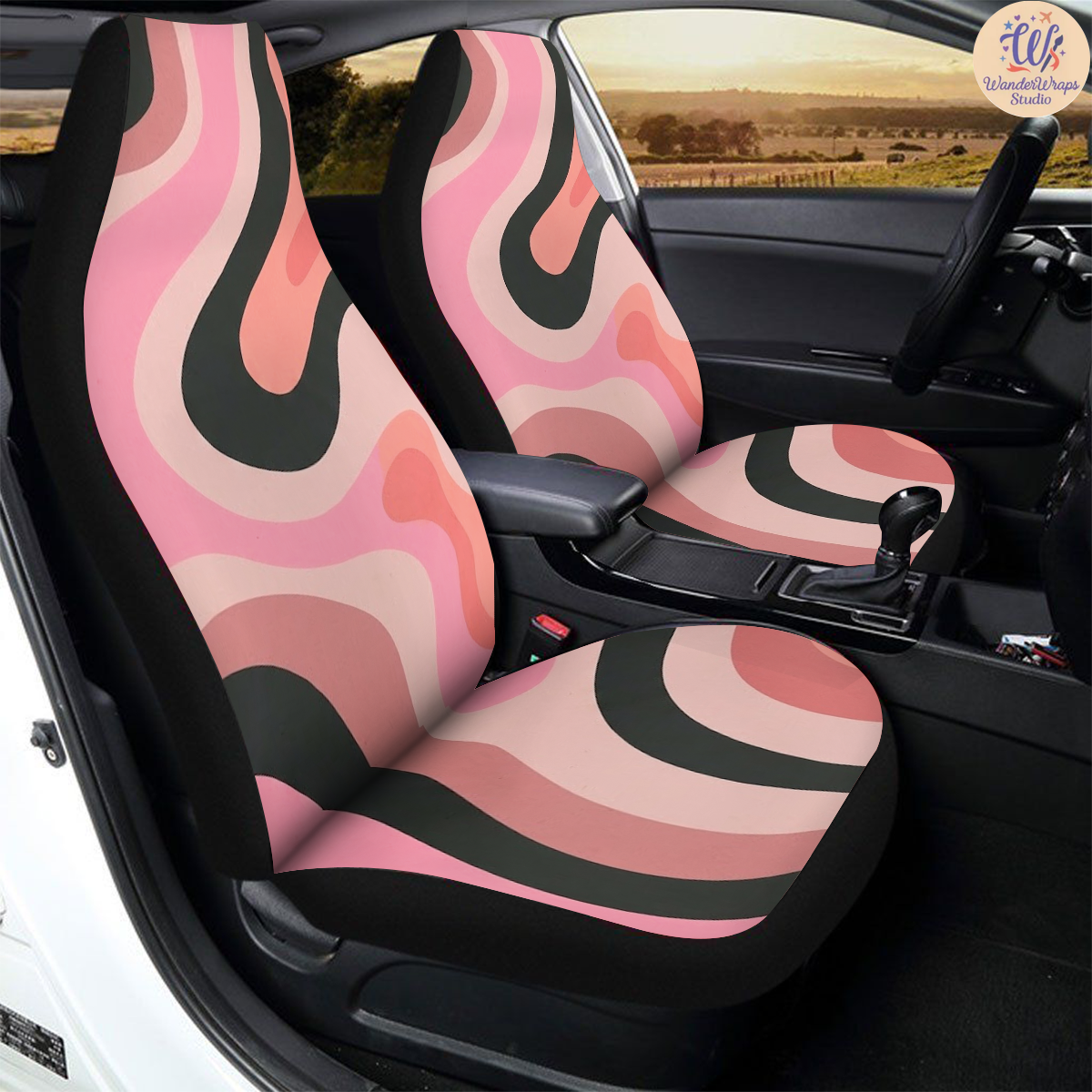 Pink Retro Groove Car Seat Covers – High Quality Graphic and Polar Fleece Protector Set