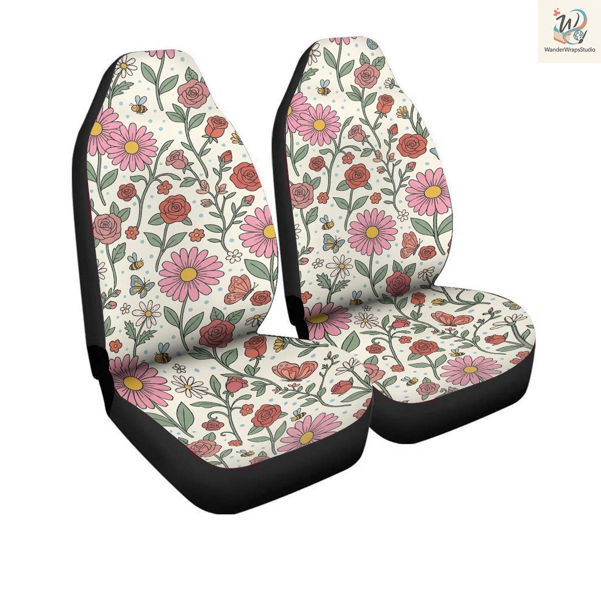 Retro Daisy, Rose & Butterfly Garden Car Seat Covers – High Quality Graphic and Polar Fleece Protector Set