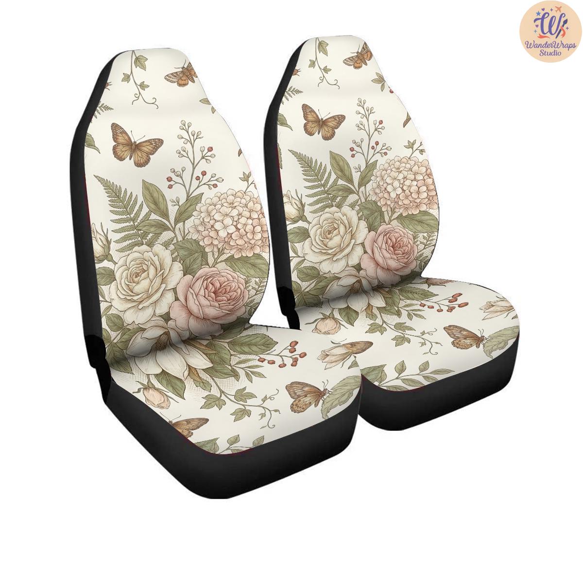 Vintage Botanical Butterfly Garden Pattern Car Seat Covers – High Quality Graphic and Polar Fleece Protector Set