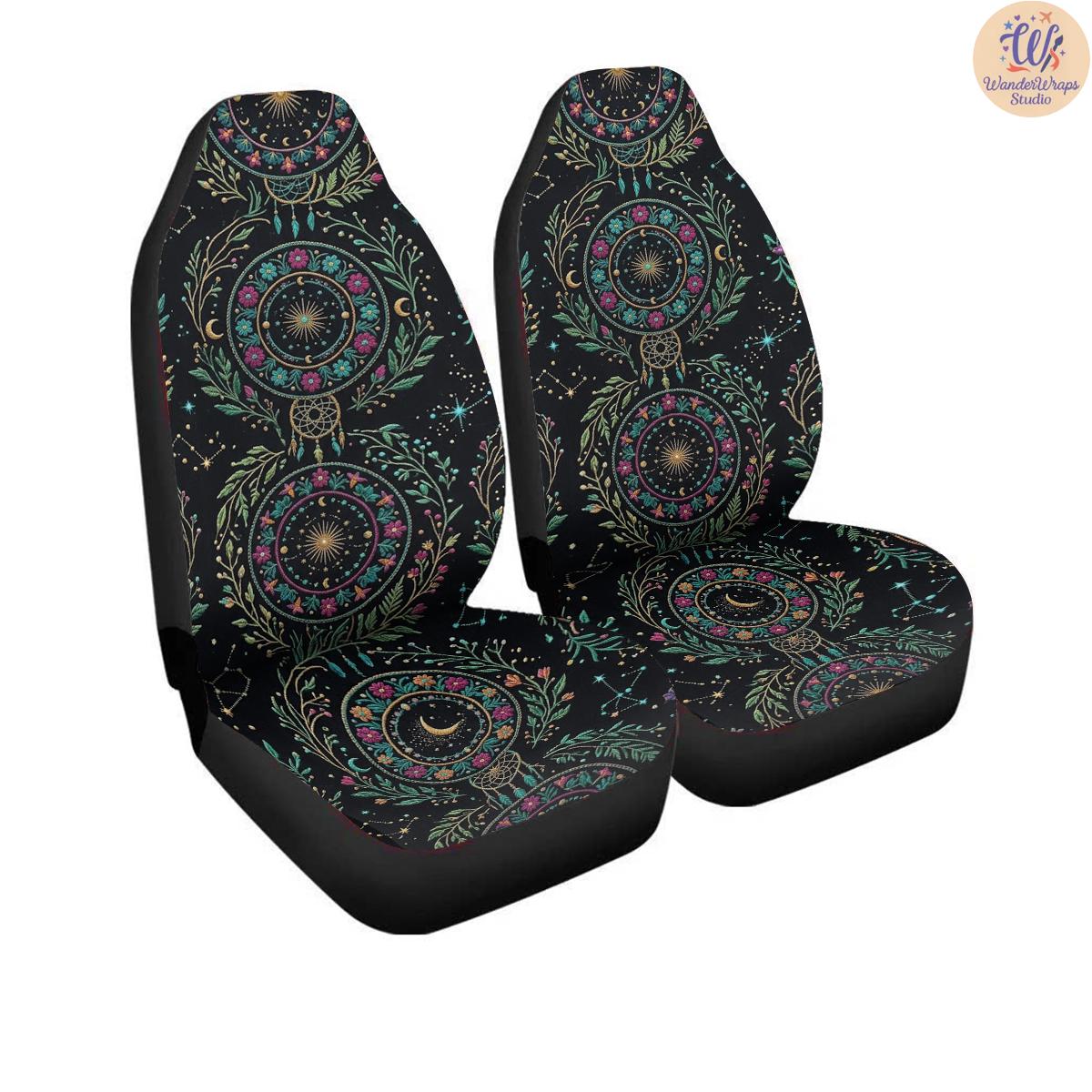 Celestial Floral Mandala Faux Embroidery Car Seat Covers – High Quality Graphic and Polar Fleece Protector Set