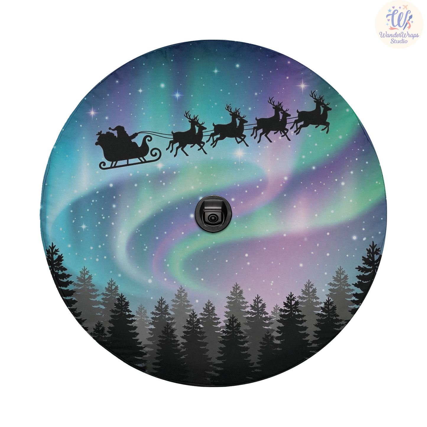 Santa Sleigh Above Northern Lights Spare Tire Cover – Waterproof UV Resistant Protector with Camera Hole