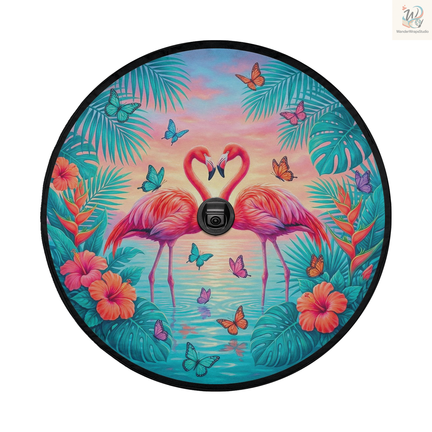 Tropical Flamingo Sunset Lagoon Spare Tire Cover – Waterproof UV Resistant Protector with Camera Hole