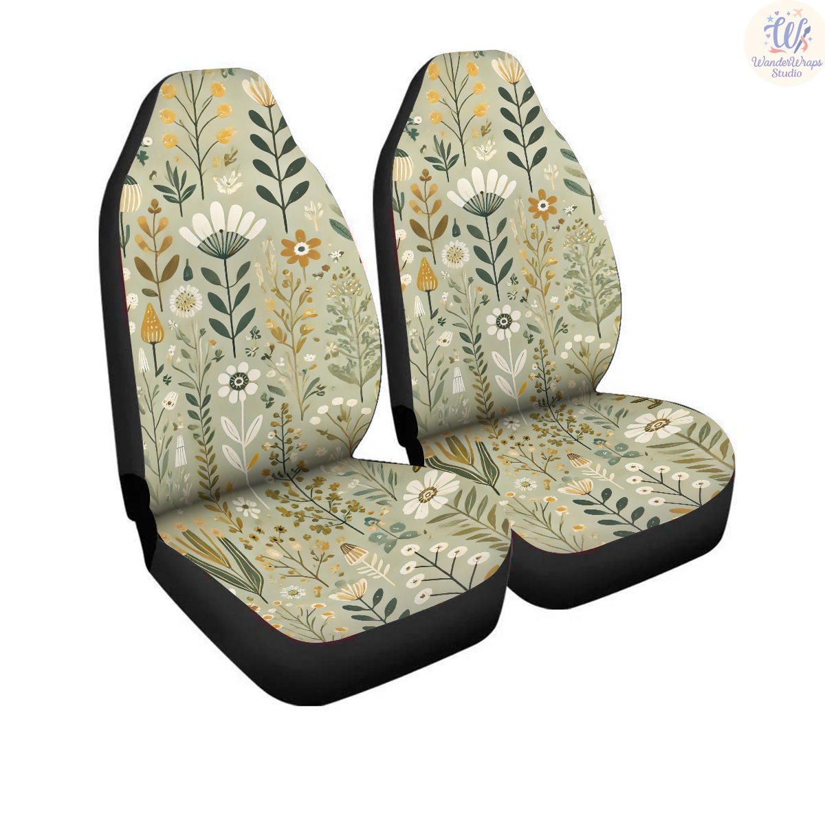 Sage Green Floral Meadow Car Seat Covers – High Quality Graphic and Polar Fleece Protector Set