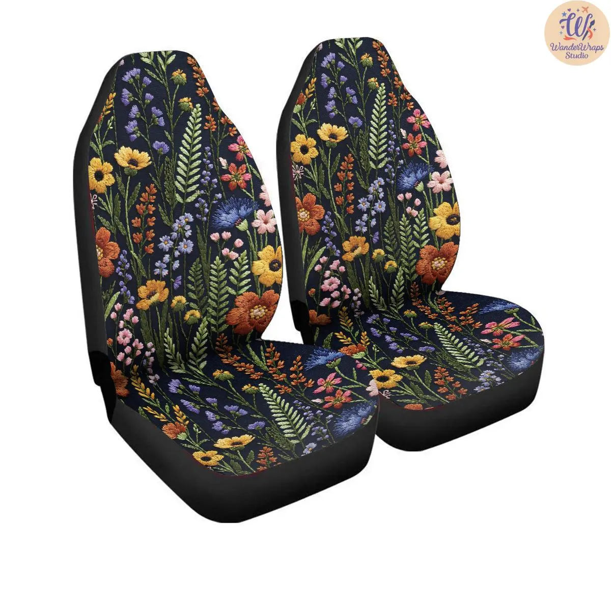 Midnight Meadow Faux Embroidery Car Seat Covers – High Quality Graphic and Polar Fleece Protector Set