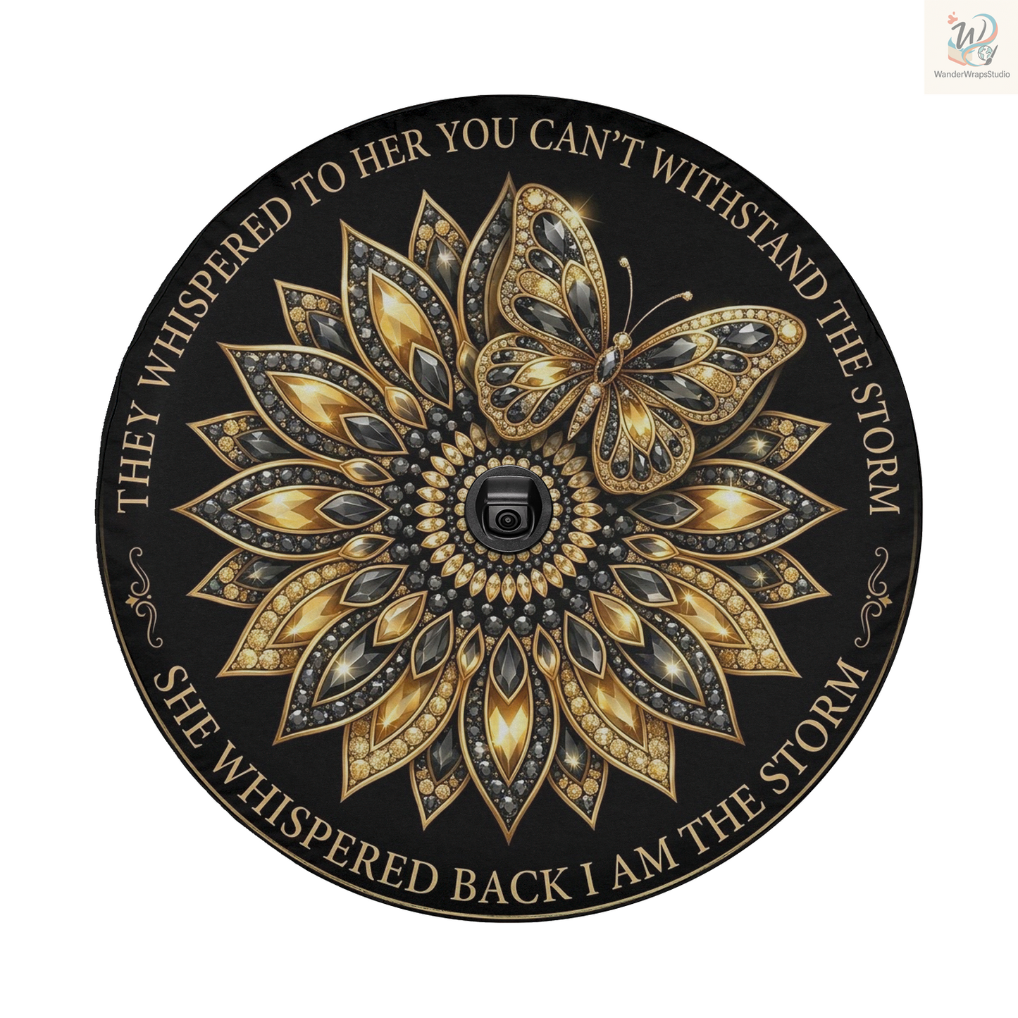 Black & Gold Rhinestone Mandala Spare Tire Cover – Waterproof UV Resistant Protector with Camera Hole