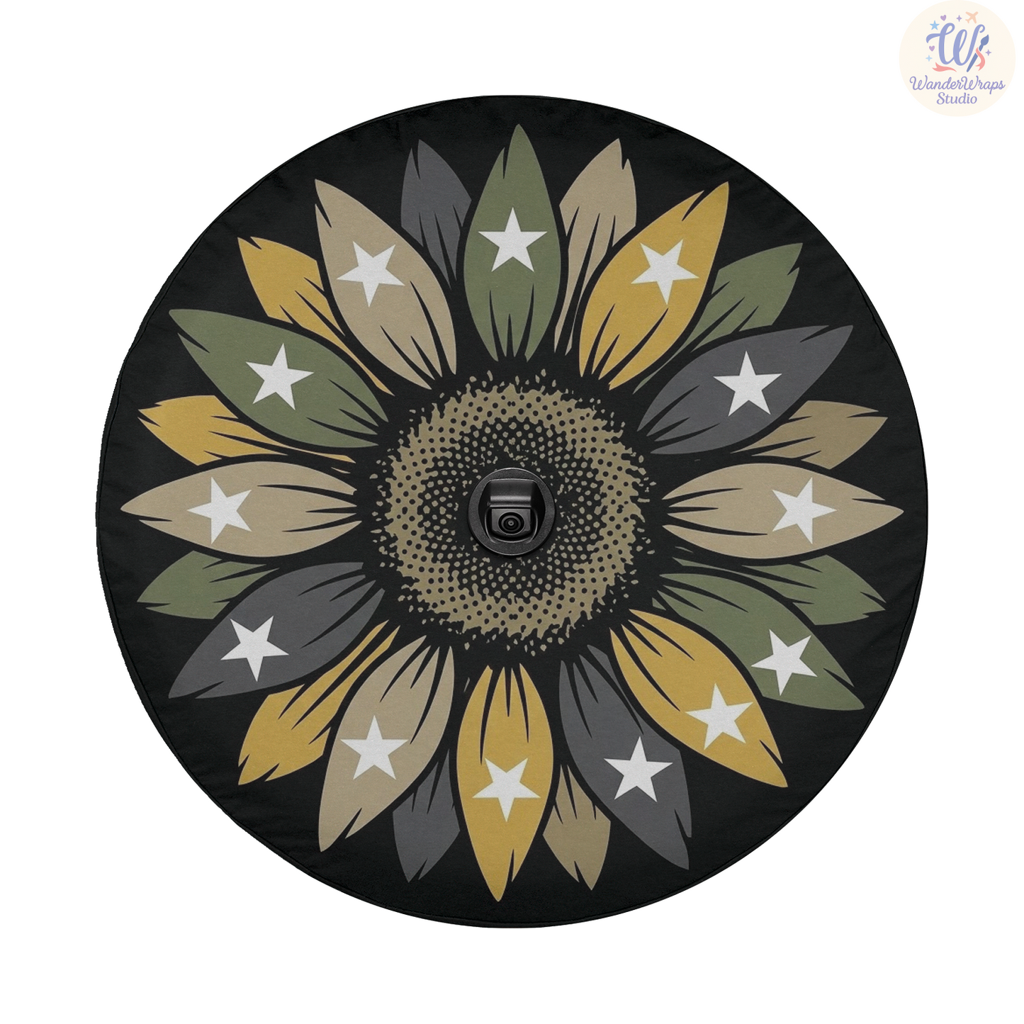 Sunflower Military Stars Spare Tire Cover – Waterproof UV Resistant Protector with Camera Hole