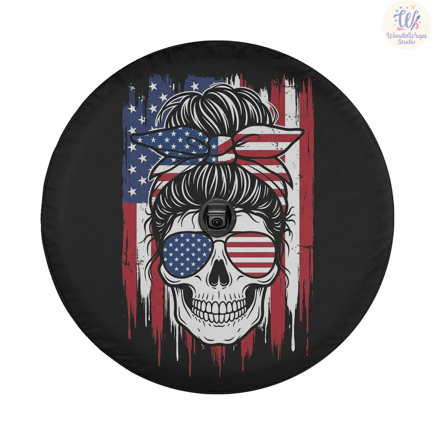 Patriotic Skull Girl Spare Tire Cover – Waterproof UV Resistant Protector with Camera Hole