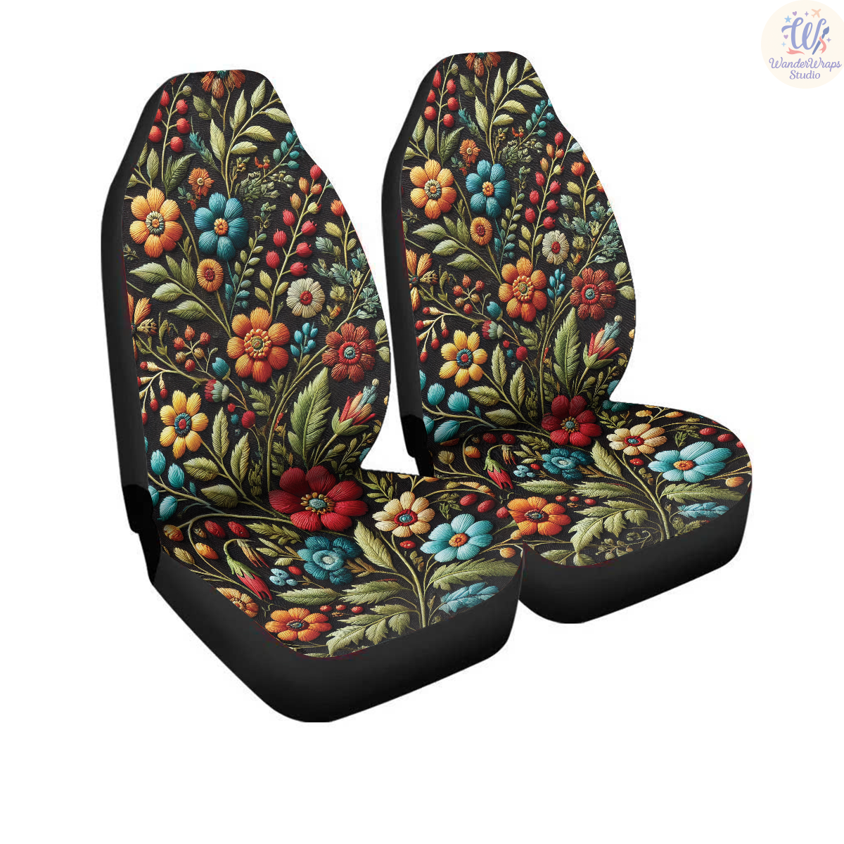 Midnight Bloom Folk Garden Car Seat Covers – High Quality Graphic and Polar Fleece Protector Set