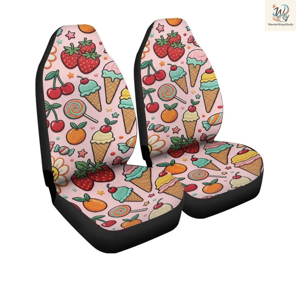 Retro Fruit & Sweet Treats Car Seat Covers – High Quality Graphic and Polar Fleece Protector Set