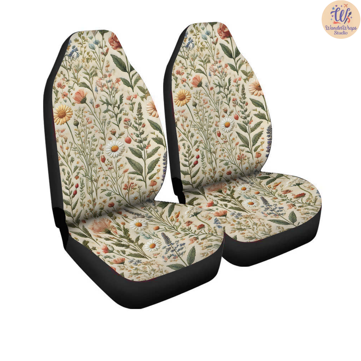 Wildflowers Faux Embroidery Car Seat Covers – High Quality Graphic and Polar Fleece Protector Set
