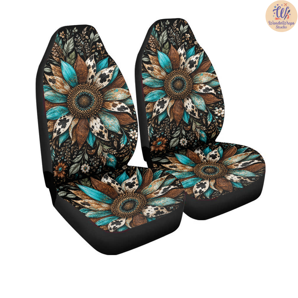 Teal Cowhide Sunflower Bloom Car Seat Covers – High Quality Graphic and Polar Fleece Protector Set