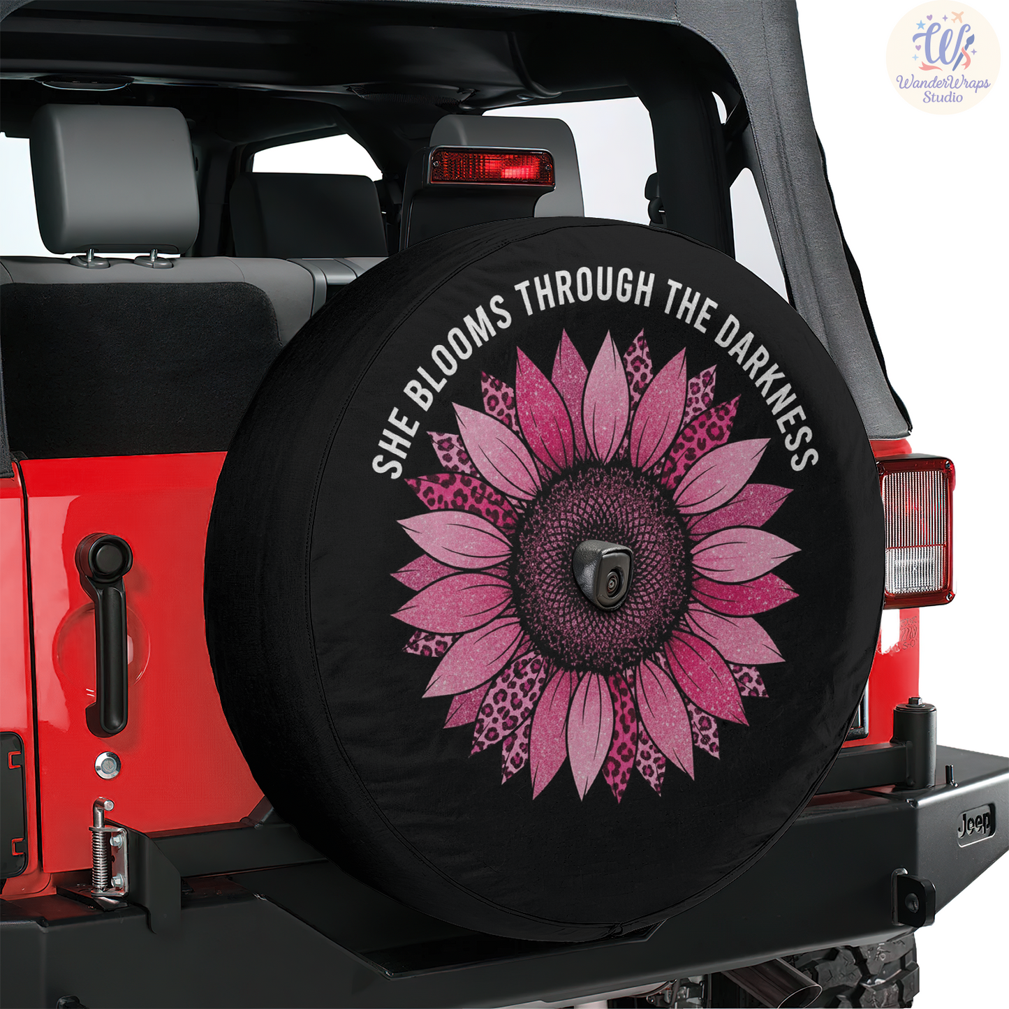 She Bloom Through Darkness Spare Tire Cover – Waterproof UV Resistant Protector with Camera Hole