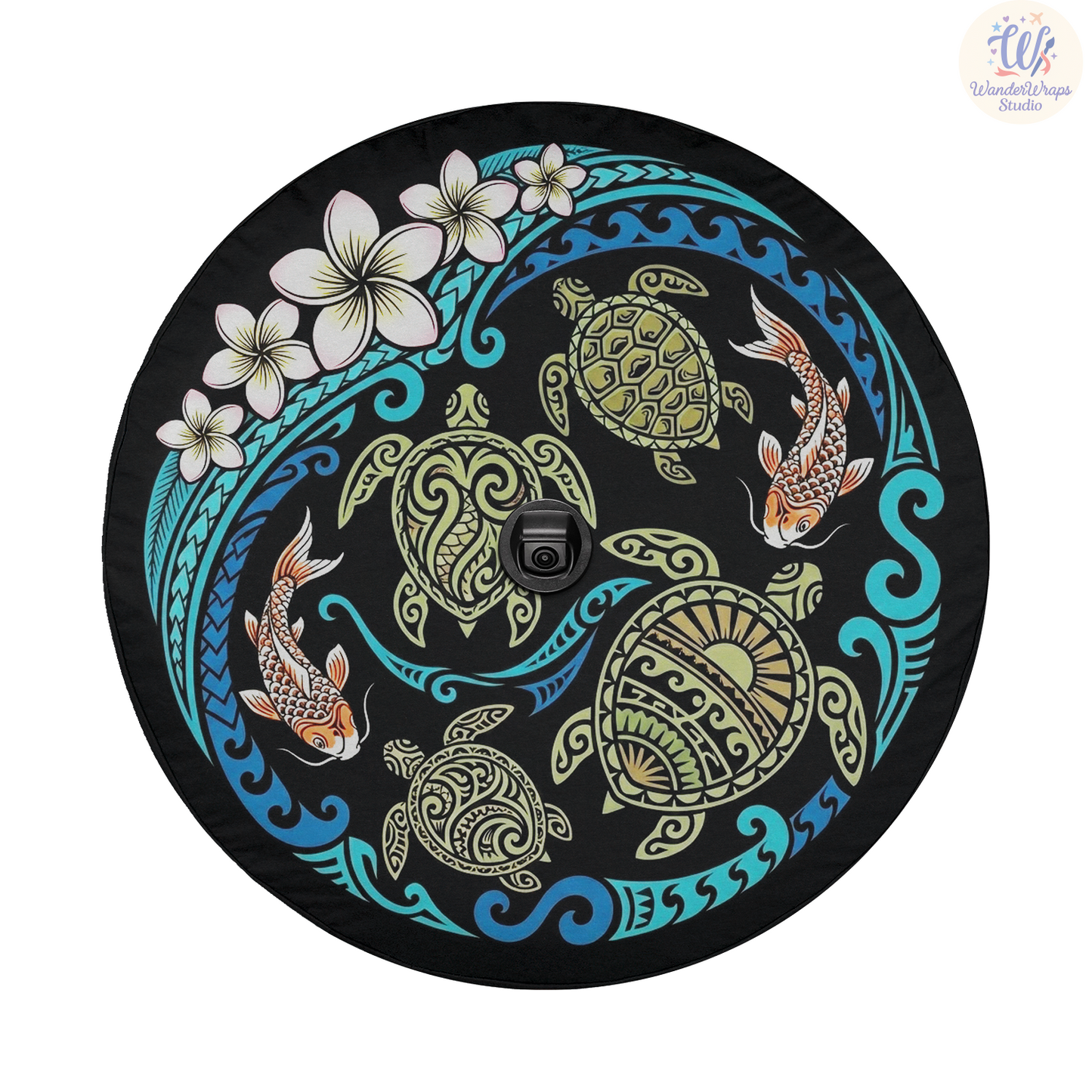 Ocean Scene with Turtles, Koi & Plumeria Spare Tire Cover – Waterproof UV Resistant Protector with Camera Hole
