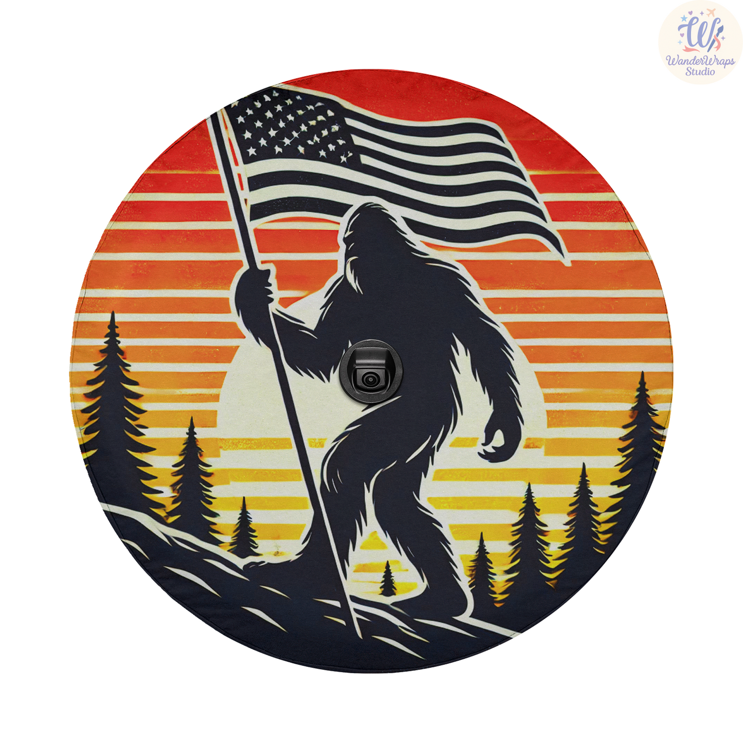 Big Foot American Flag Spare Tire Cover – Waterproof UV Resistant Protector with Camera Hole