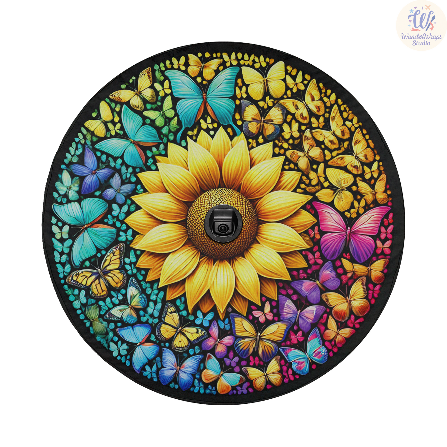 Colorful Butterfiles Sunflower Spare Tire Cover – Waterproof UV Resistant Protector with Camera Hole