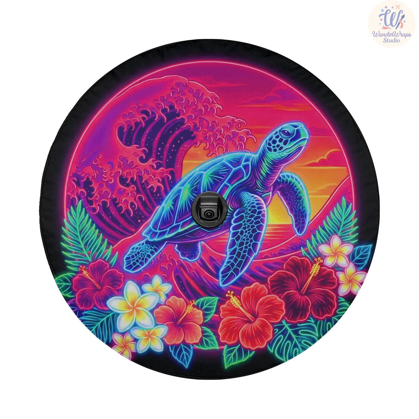 Neon Tropical Sea Turtle Spare Tire Cover – Waterproof UV Resistant Protector with Camera Hole
