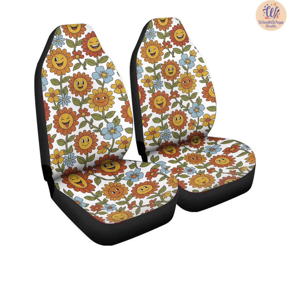 Happy Retro Sunflower Garden Car Seat Covers – High Quality Graphic and Polar Fleece Protector Set