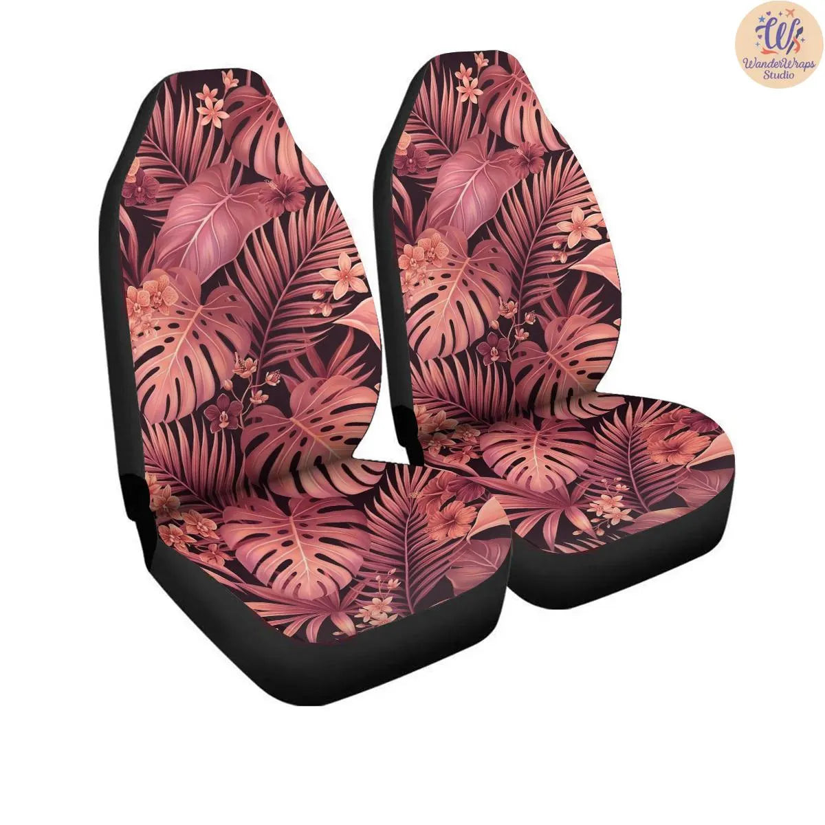 Pink & Coral Tropical Leaves Car Seat Covers – High Quality Graphic and Polar Fleece Protector Set
