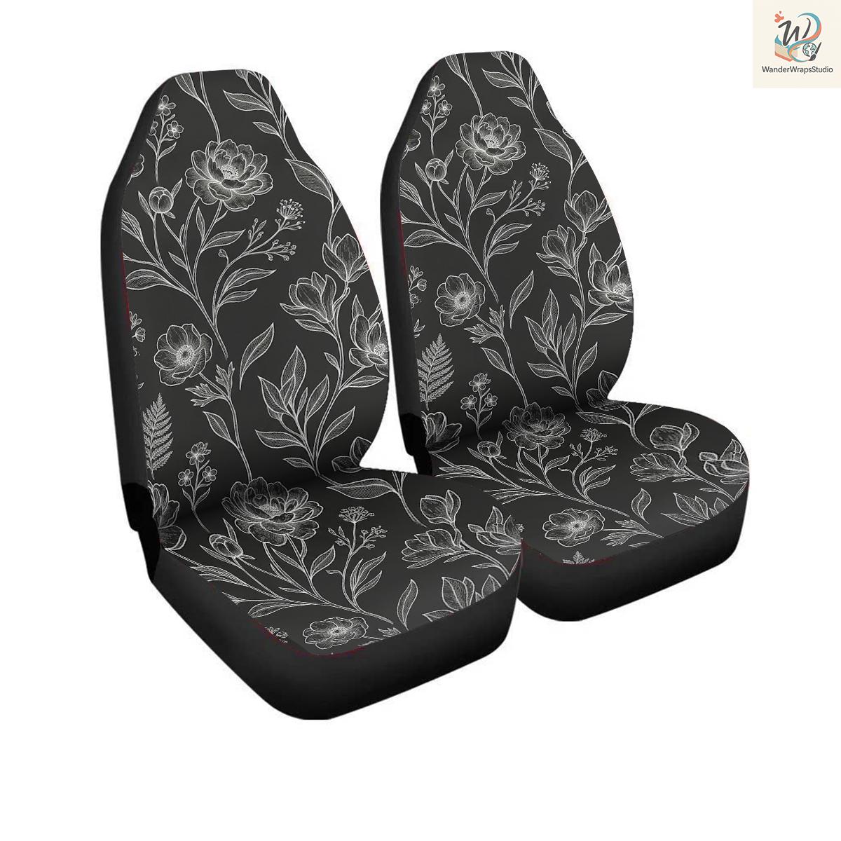 Elegant Monochrome Botanical Car Seat Covers – High Quality Graphic and Polar Fleece Protector Set