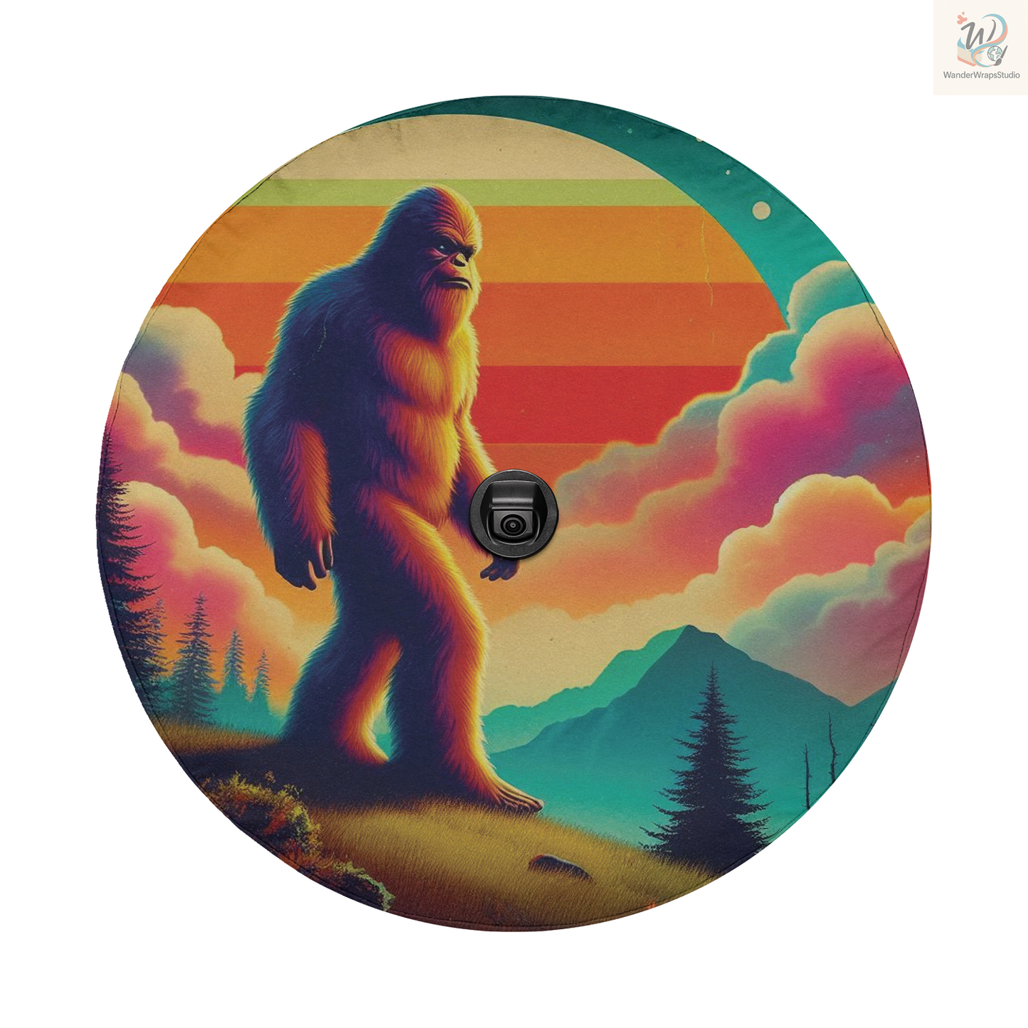 Big Foot Sunset Spare Tire Cover – Waterproof UV Resistant Protector with Camera Hole