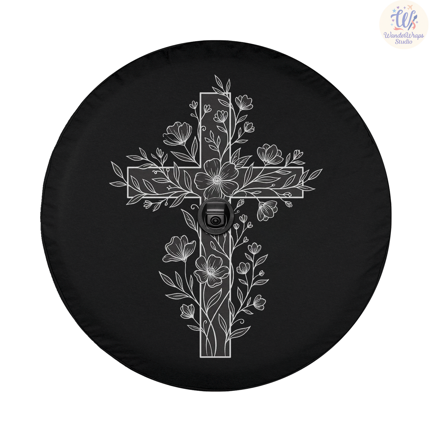 Floral Cross Spare Tire Cover – Waterproof UV Resistant Protector with Camera Hole