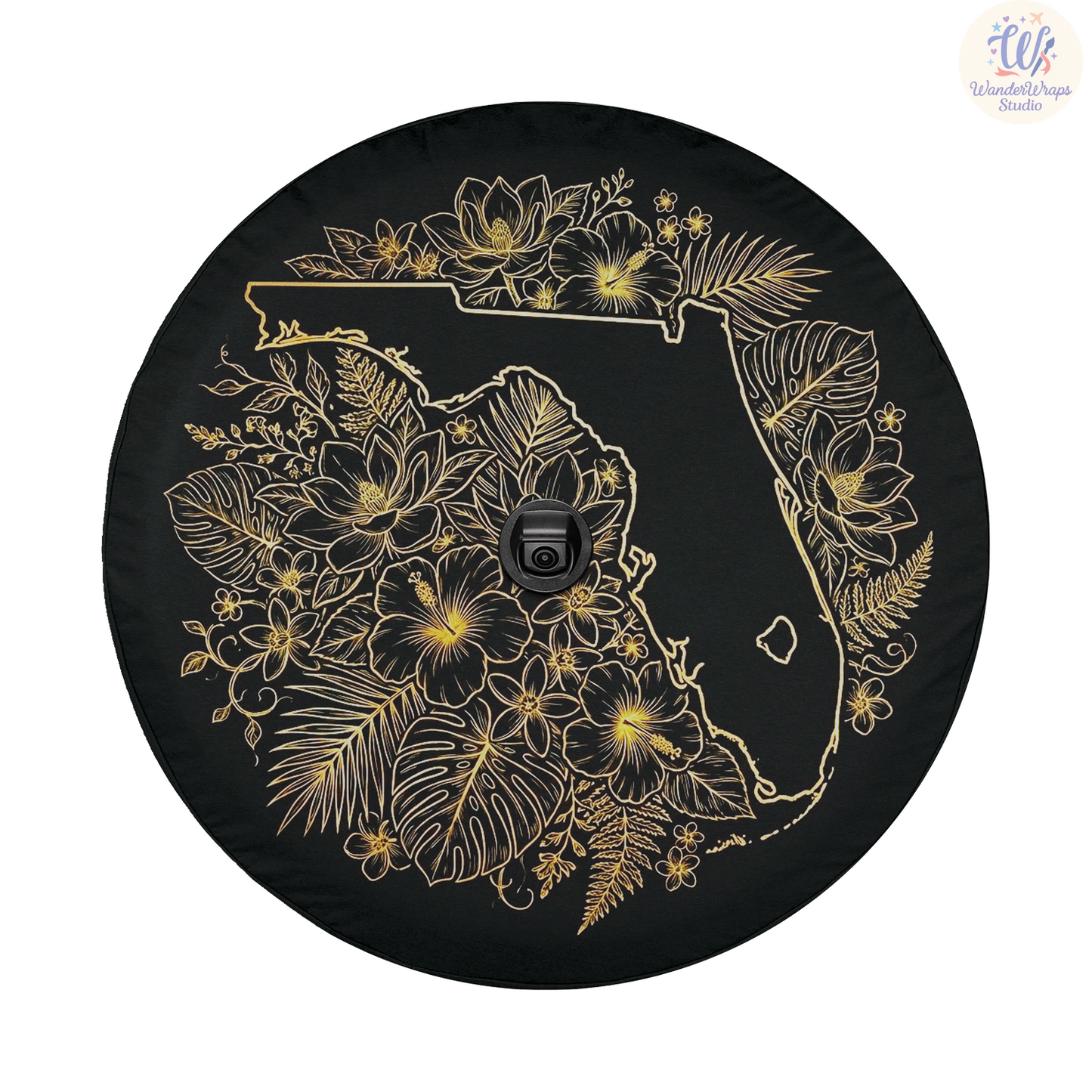Dense Gold Floral Florida Spare Tire Cover – Waterproof UV Resistant Protector with Camera Hole