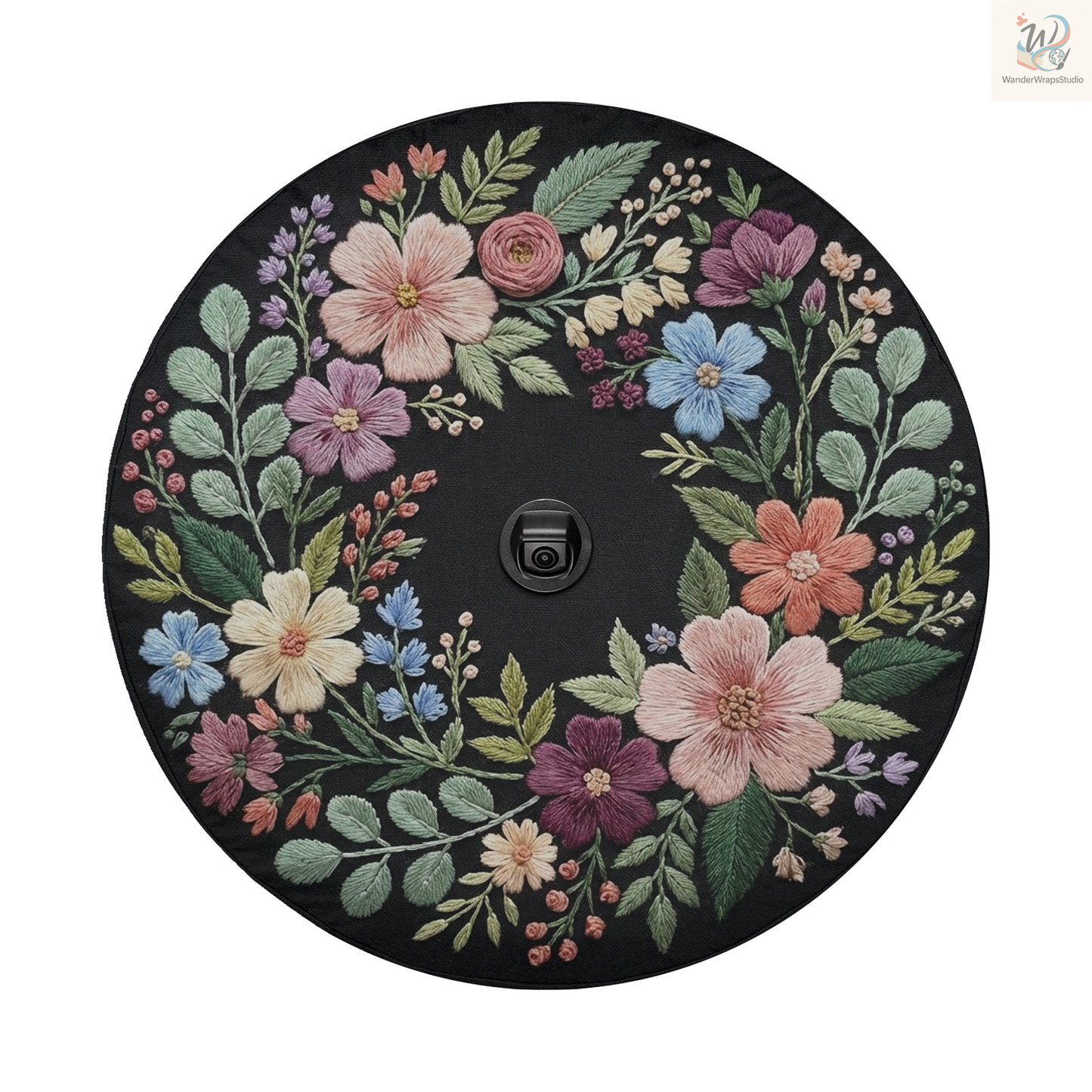Embroidered Floral Wreath Faux Embriodery Spare Tire Cover – Waterproof UV Resistant Protector with Camera Hole