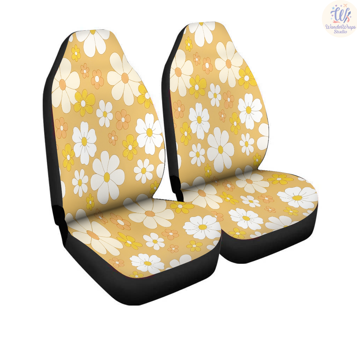 Golden Retro Bloom Car Seat Covers – High Quality Graphic and Polar Fleece Protector Set