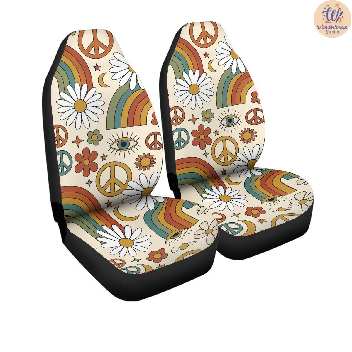Retro Hippie Rainbow & Daisy Car Seat Covers – High Quality Graphic and Polar Fleece Protector Set
