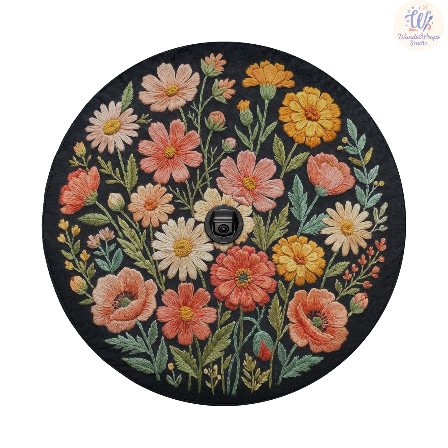 Embroidered Wildflower Spare Tire Cover – Waterproof UV Resistant Protector with Camera Hole