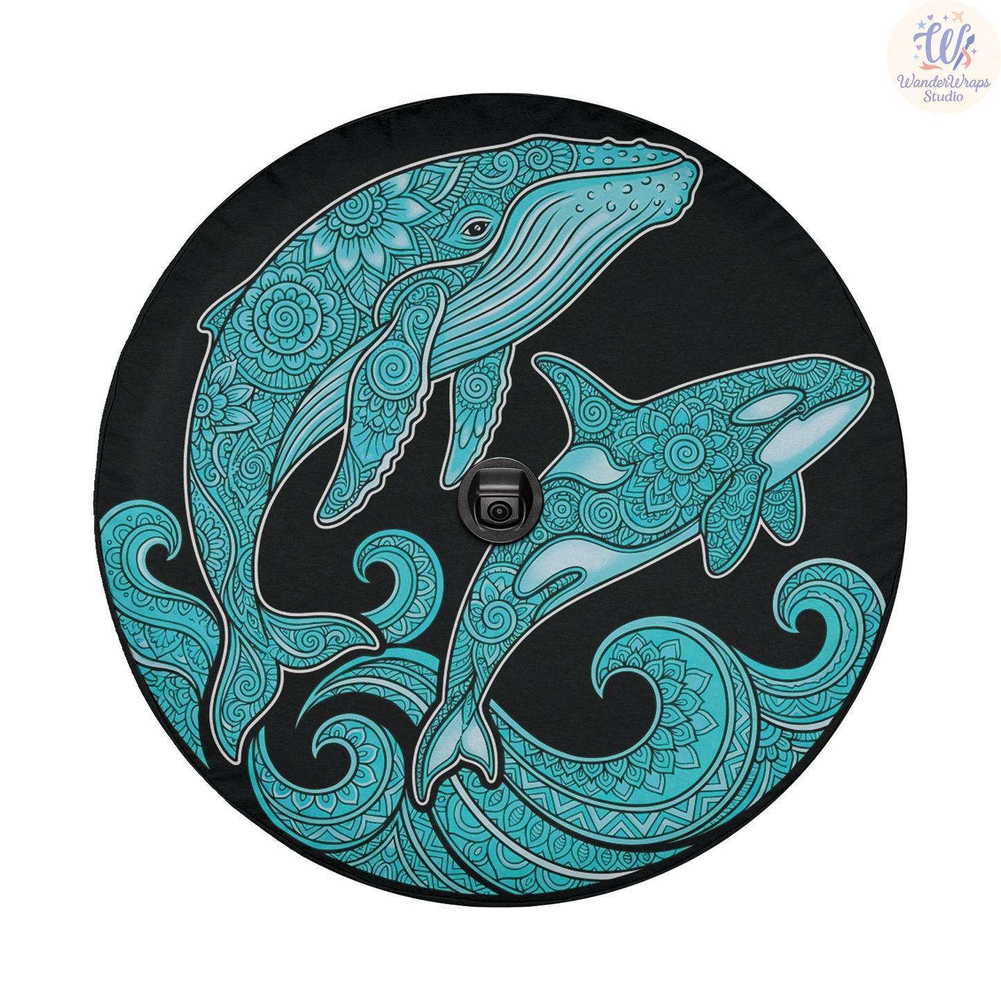 Whale and Orca Spare Tire Cover – Waterproof UV Resistant Protector with Camera Hole