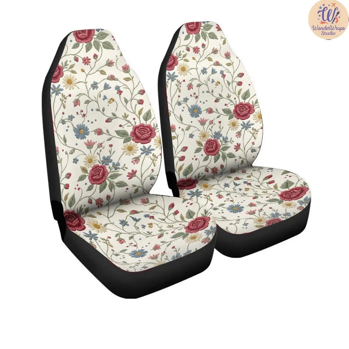 Vintage Floral Faux Embroidery Car Seat Covers – High Quality Graphic and Polar Fleece Protector Set