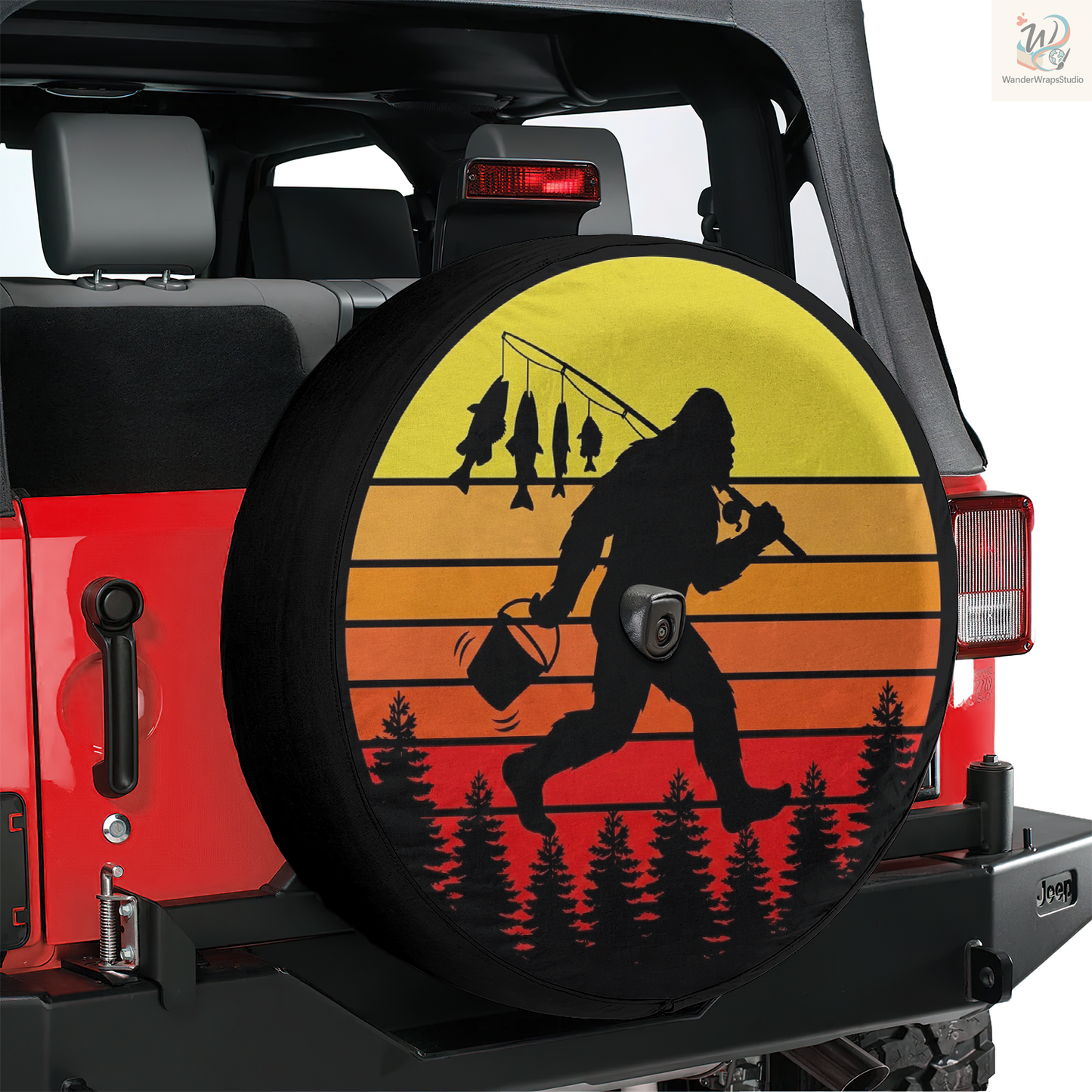 Big Foot Running With Fish Spare Tire Cover – Waterproof UV Resistant Protector with Camera Hole