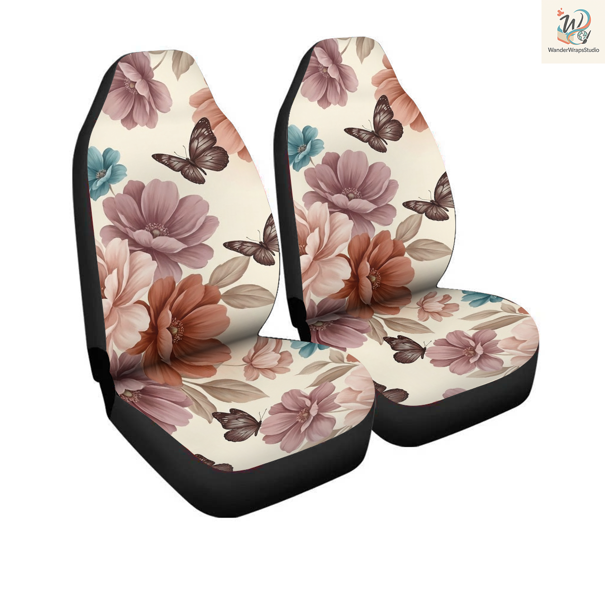Vintage Blush Botanical Butterfly Pattern Car Seat Covers – High Quality Graphic and Polar Fleece Protector Set