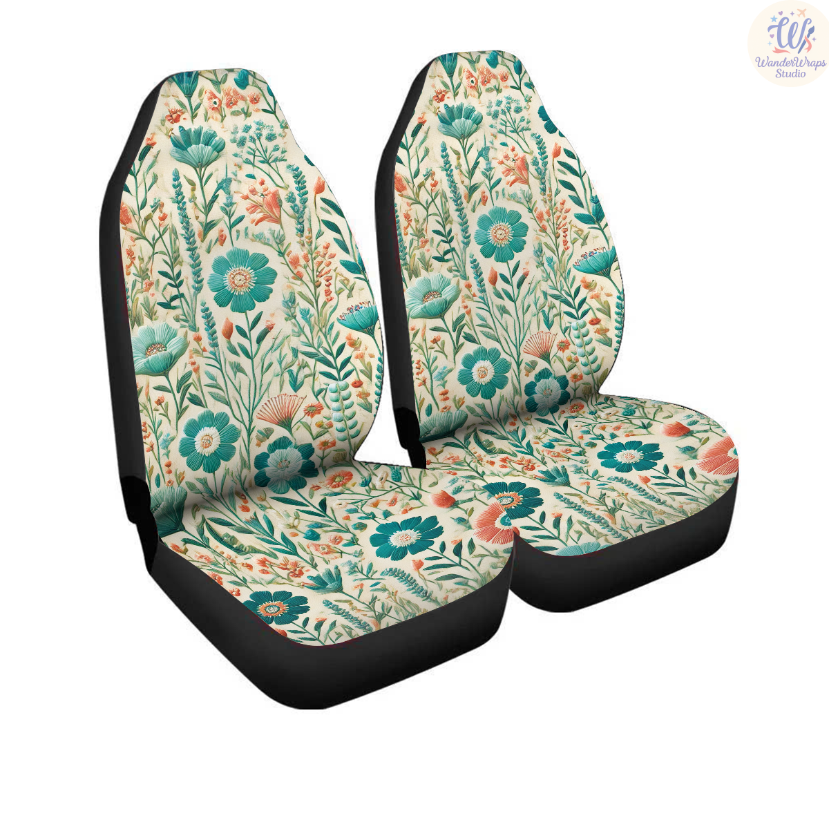 Turquoise Flower Meadow Car Seat Covers – High Quality Graphic and Polar Fleece Protector Set