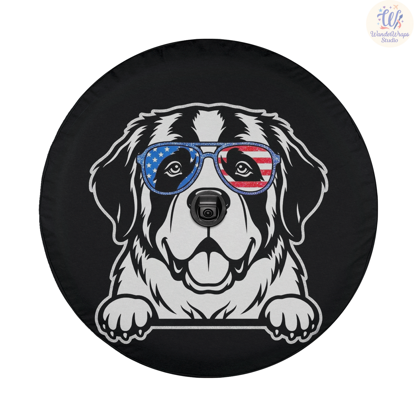 St. Bernard Patriotic Sunglasses Spare Tire Cover – Waterproof UV Resistant Protector with Camera Hole