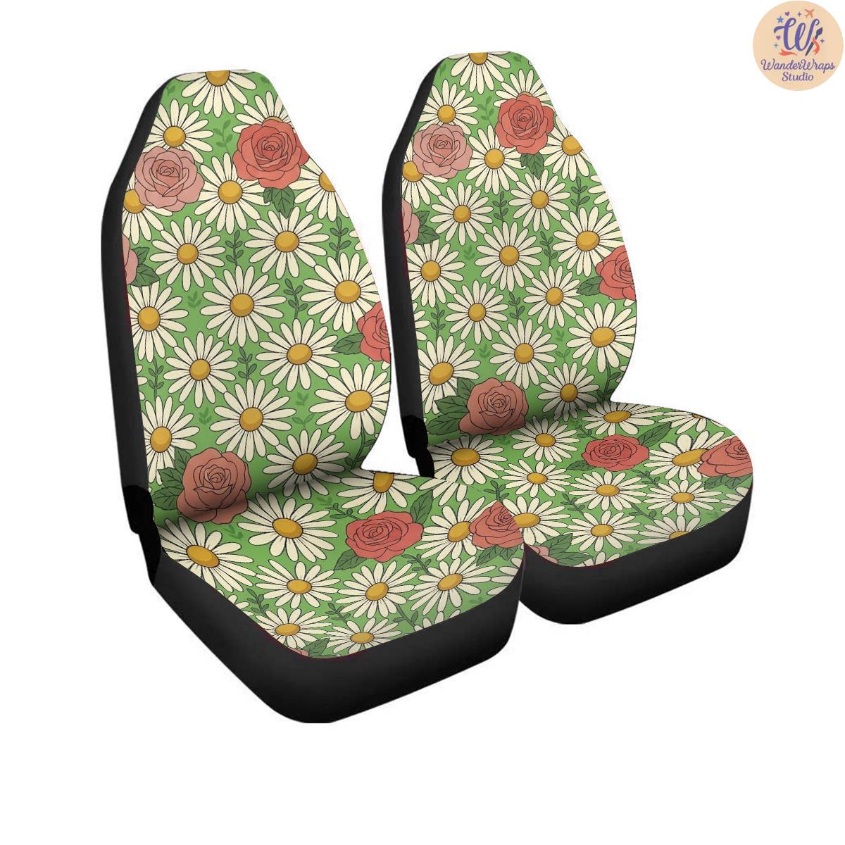 Retro Daisy Rose Garden Car Seat Covers – High Quality Graphic and Polar Fleece Protector Set