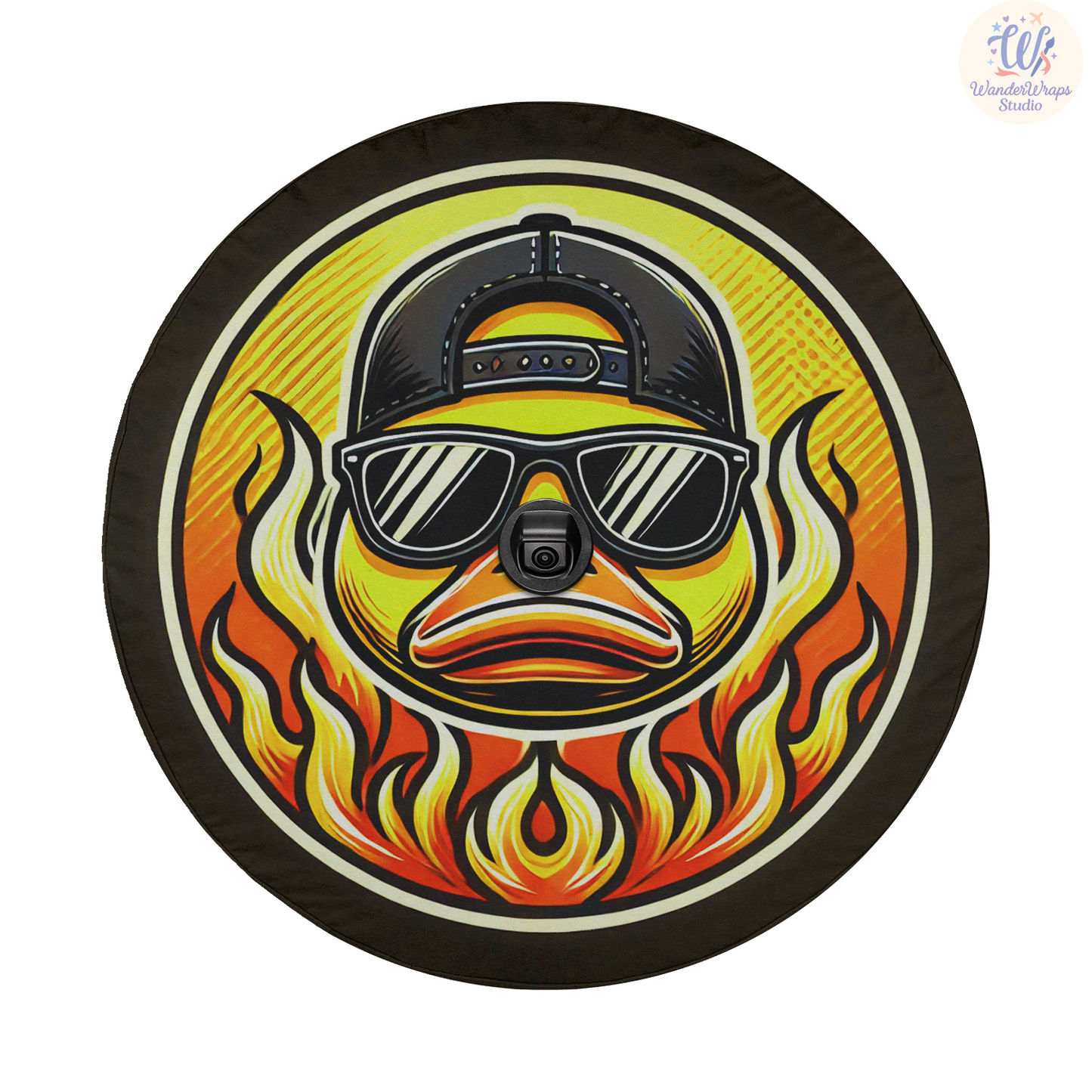Duck with Flames Spare Tire Cover – Waterproof UV Resistant Protector with Camera Hole