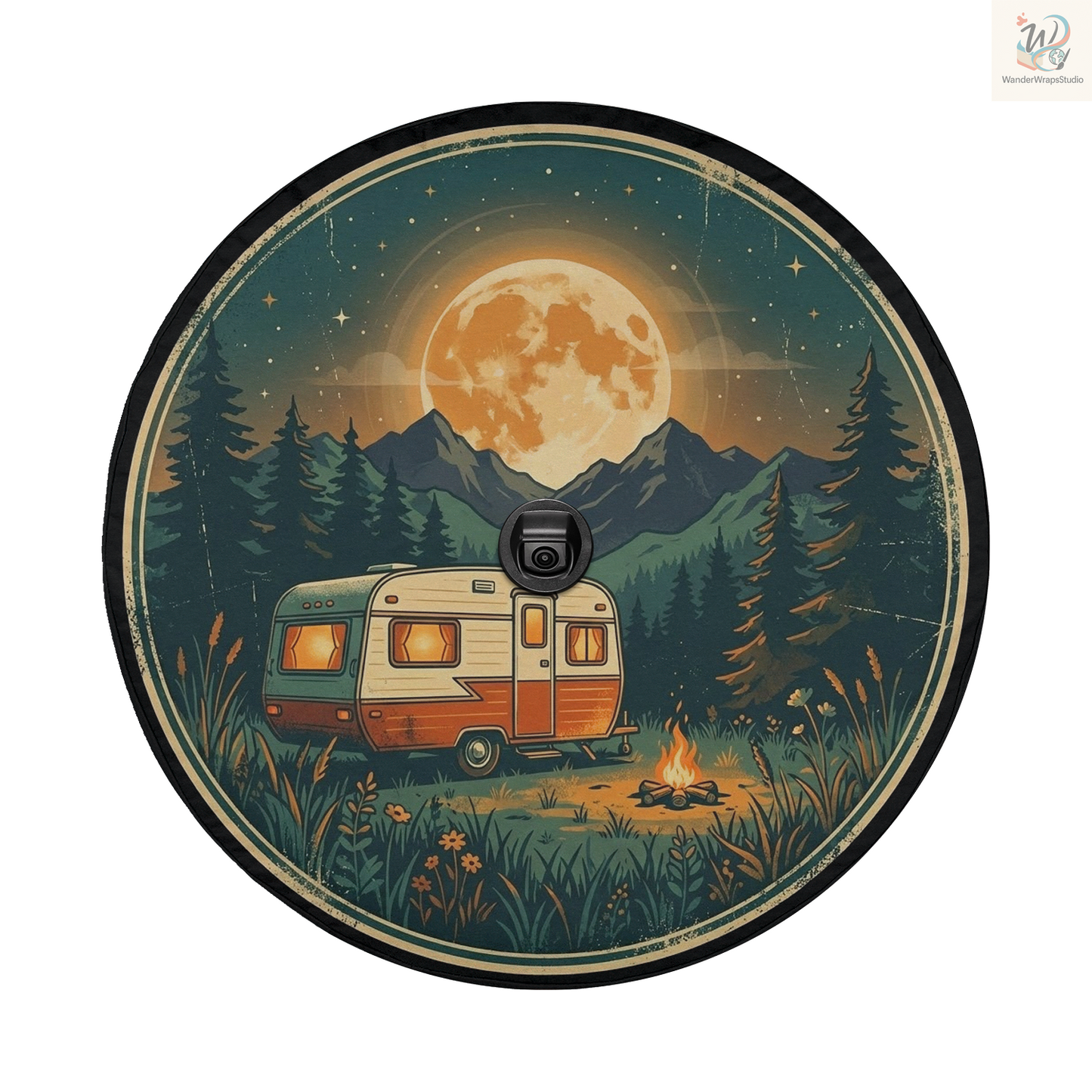 Retro Camping Night Spare Tire Cover – Waterproof UV Resistant Protector with Camera Hole
