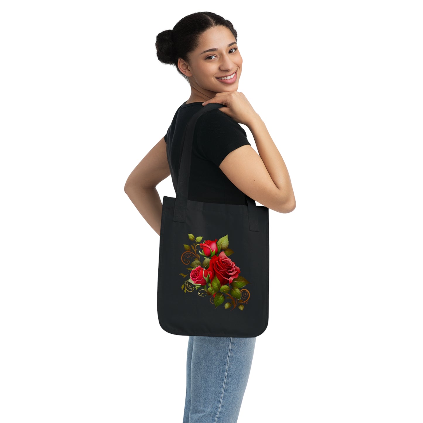 Flowers Roses With Swirls Floral Organic Canvas Tote Bag - Eco-Friendly Carryall for Everyday Use