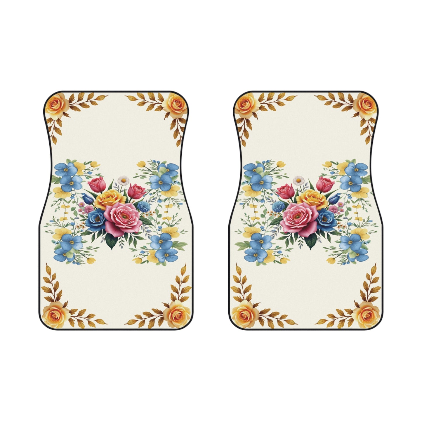 Flowers Colorful Gold Vibrant Car Floor Mats – 2-Piece Front Set, Durable & Stylish, Universal Fit